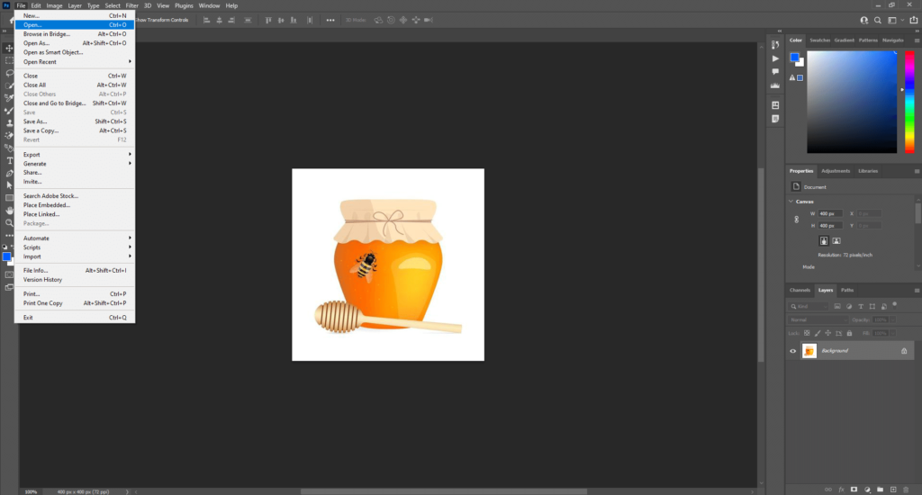 Photoshop open with a honey jar image, 'File' menu expanded, highlighting the 'Open' option.