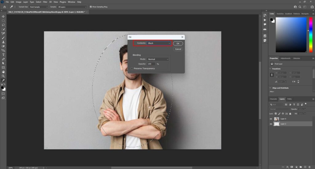 Photo editing software showing the Fill dialog box with Black selected, and a mask outline around a man with crossed arms.