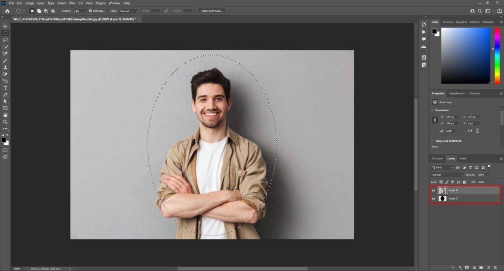 Step 5 of a tutorial on creating a clipping mask, showing photo editing software with a mask outline around a man with crossed arms and the top layer selected.