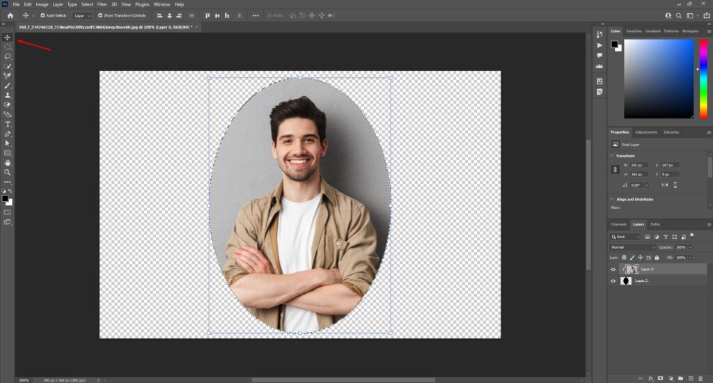 Photo editing software showing a man with crossed arms in an oval shape against a transparent background, with the Move Tool selected for positioning.