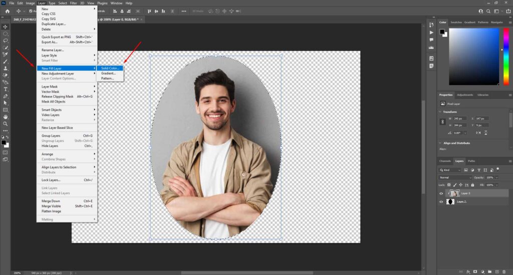 Photo editing software with the Layer menu open, highlighting the New Fill Layer option, showing a man with crossed arms in an oval shape against a transparent background.