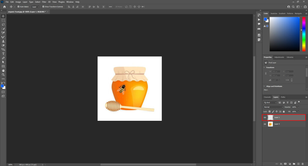 Photoshop with a honey jar image and Layers panel, layer selected for mask application.