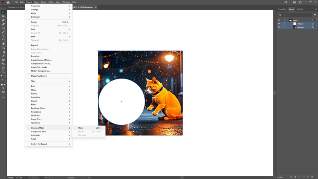 Illustrator software with the Object menu open, highlighting the Clipping Mask and Make options, showing an image of a cat and a circle selected together.