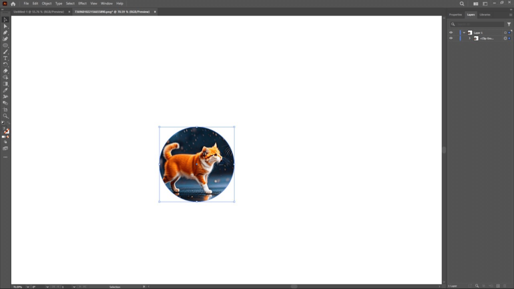 Illustrator software showing the result of a clipping mask, with an image of a cat contained within a circular shape.