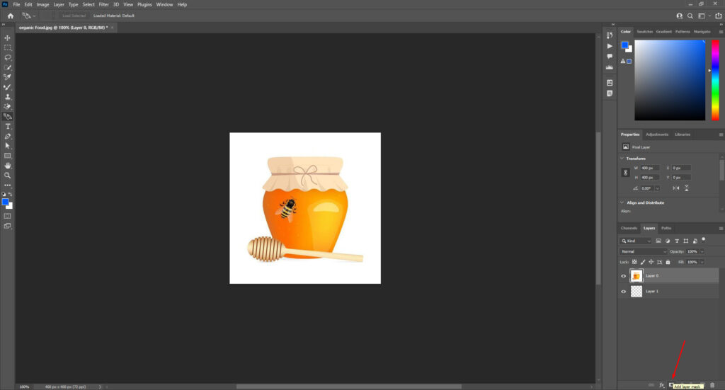 Photoshop with a honey jar image and Layers panel, highlighting the 'Add Layer Mask' button.