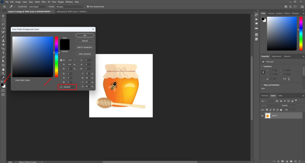 Photoshop color picker window open, foreground color set to black, with a honey jar image.
