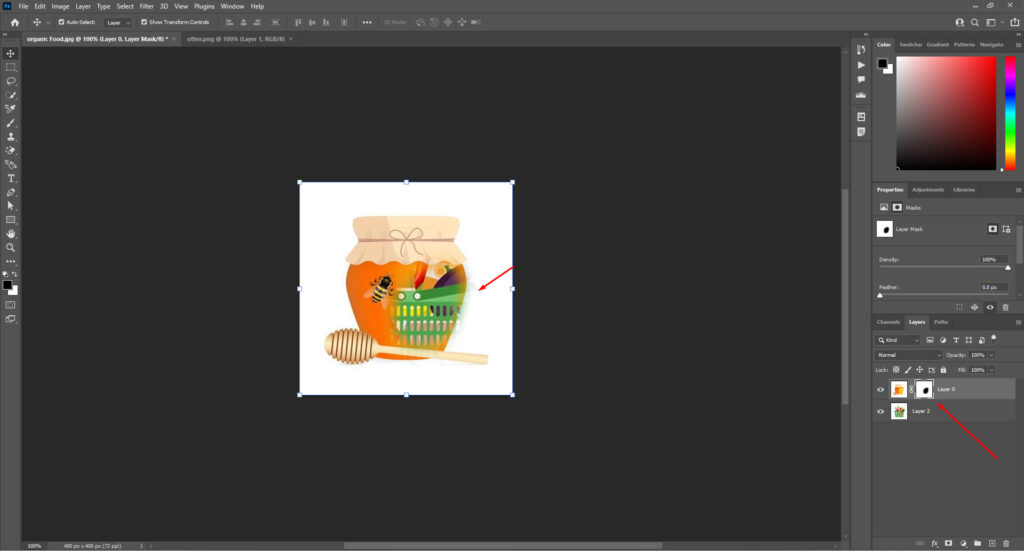 Photoshop showing a honey jar image being edited, with a mask applied and painted areas highlighted.