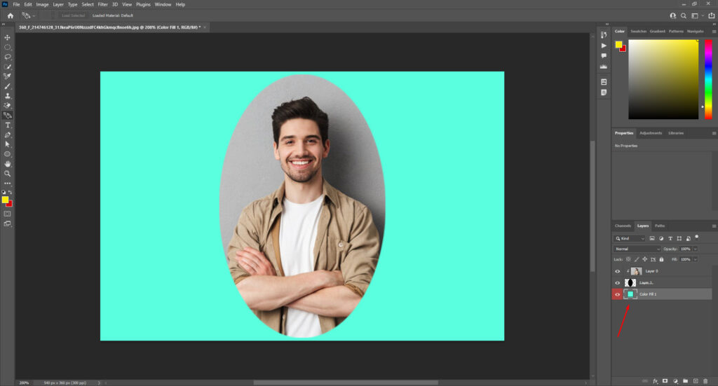 Photo editing software showing a man with crossed arms in an oval shape against a turquoise background, illustrating the result of applying a clipping mask and adding a background color.